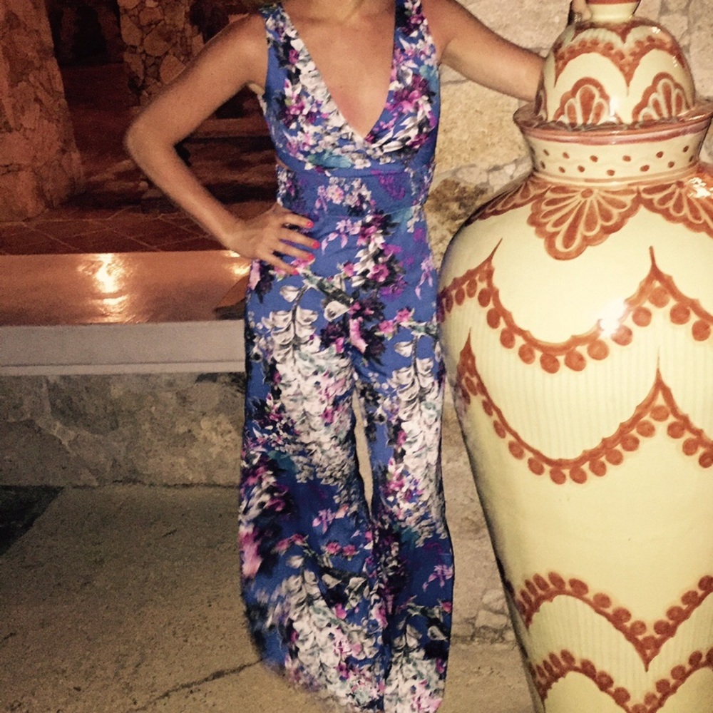 Bebe blue floral cut out jumpsuit